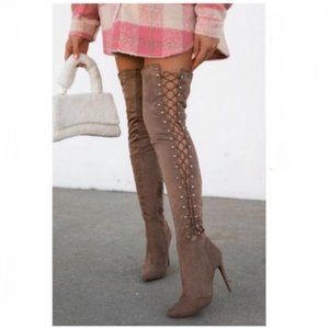 !! NEW !! Side Lace Up Over The Knee Boots in Taupe